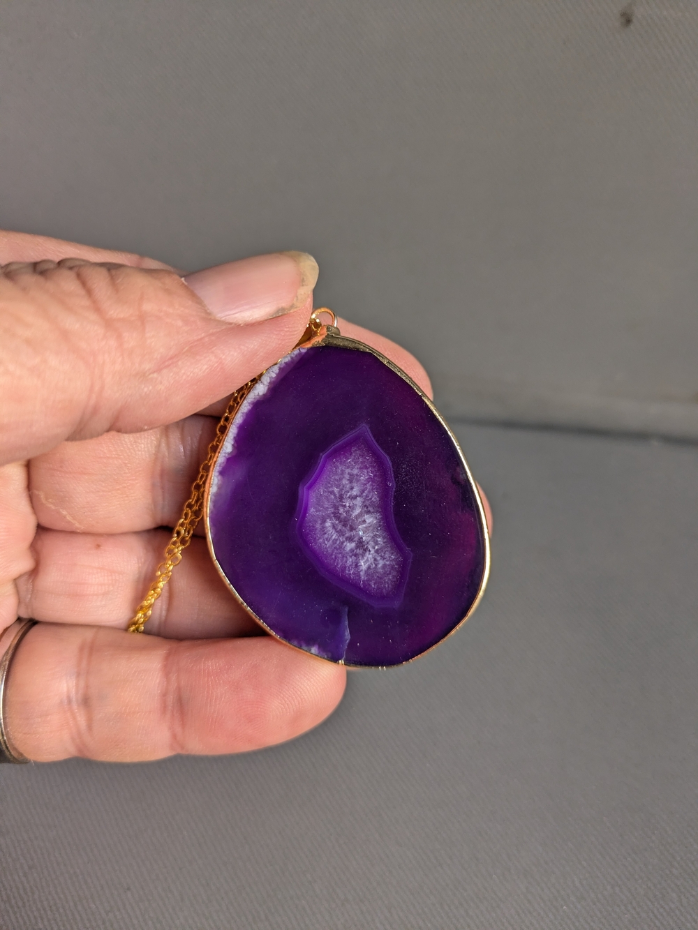 Gold-Trim Purple Agate Slice Pendant Necklace